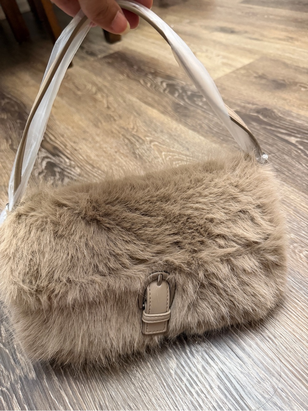 BCBG Faux Fur Taupe Shoulder Bag with Buckle Accent